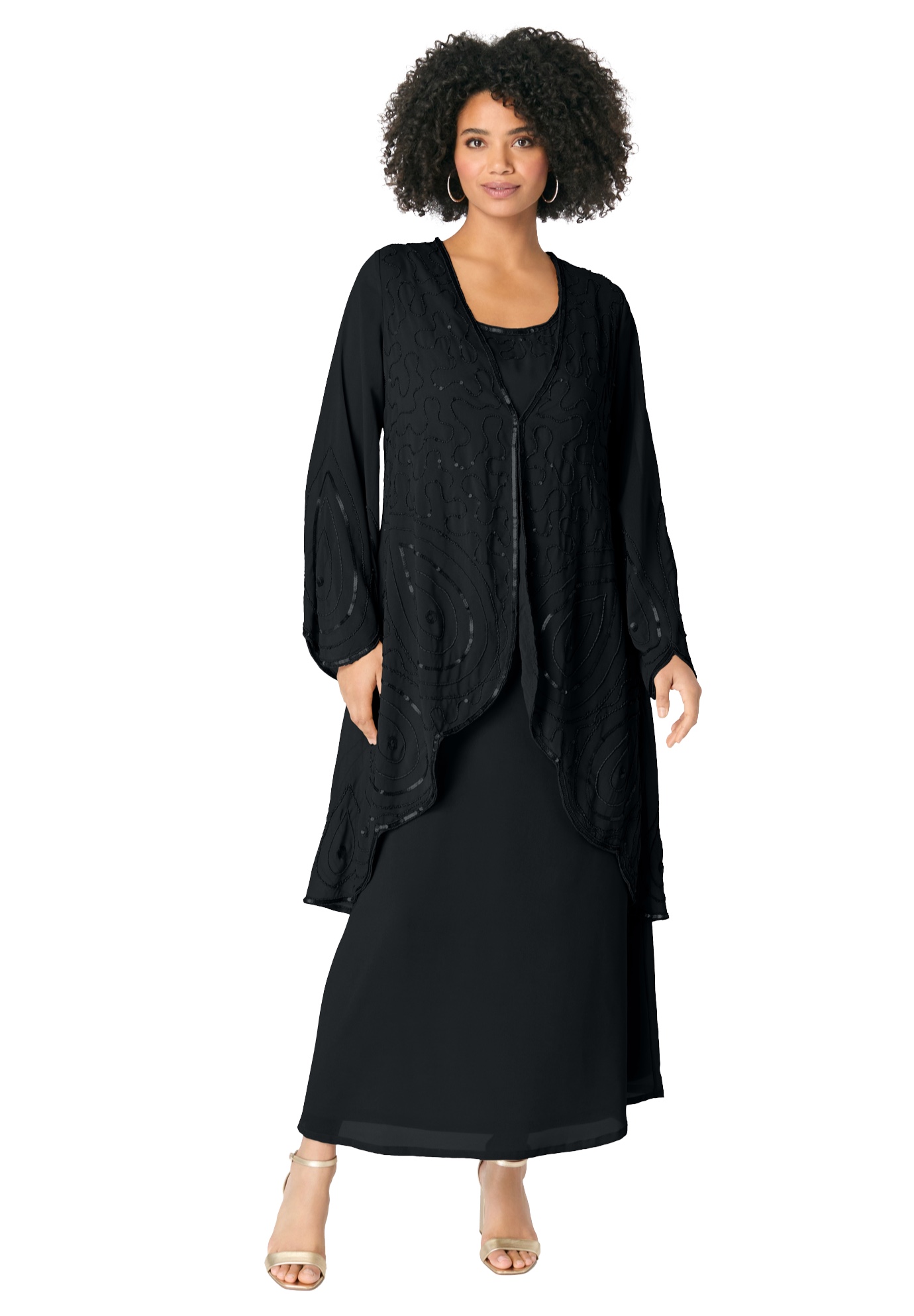 Plus Size Women's Plus-Size 2 piece Long Sleeve Beaded Georgette Gown Set with Detachable Jacket by Roaman's in Black (Size 20 W)