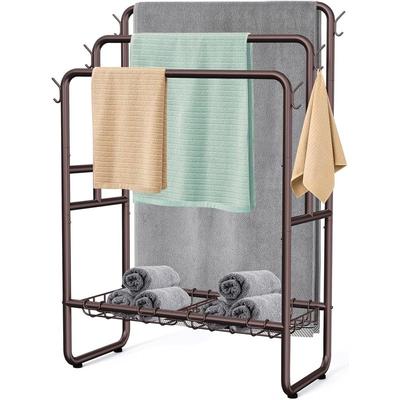 Tall Standing Towel Racks, 3 Tier Towel Stand Blanket Rack with 2 Removable Storage Baskets & 6 Hooks