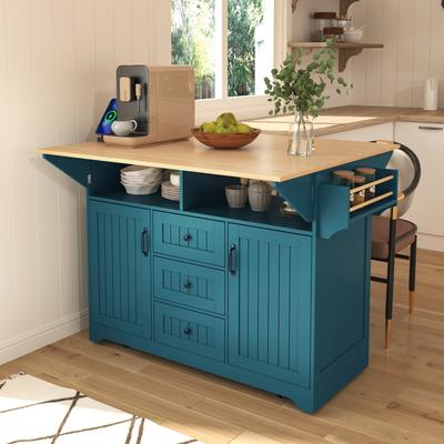 Rolling Kitchen Island Cart, Mobile Kitchen Island on 5 Wheels with 2 Drop Leaf, Power Outlet, Storage Cabinet & Drawers