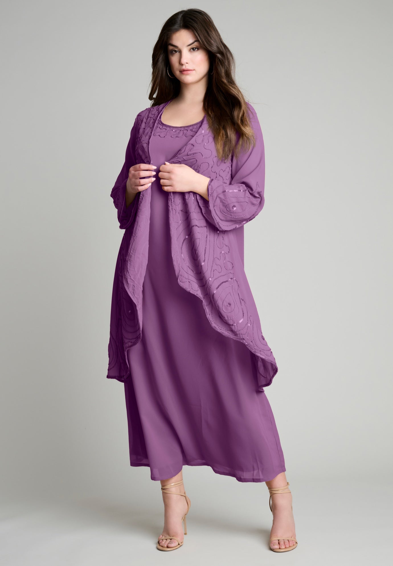 Plus Size Women's Plus-Size 2 piece Long Sleeve Beaded Georgette Gown Set with Detachable Jacket by Roaman's in Purple Grape (Size 14 W)