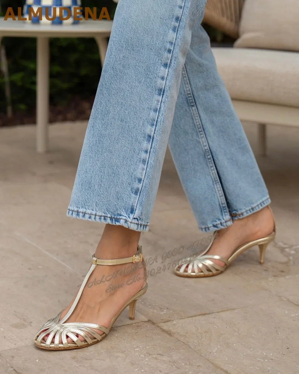 ALMUDENA Champagner Gold Silber Riemchensandalen Stiletto-Absatz T-Bar Schmales Band Käfig Sommerkleid Schuhe Ausgehöhlte Bankettschuhe Image