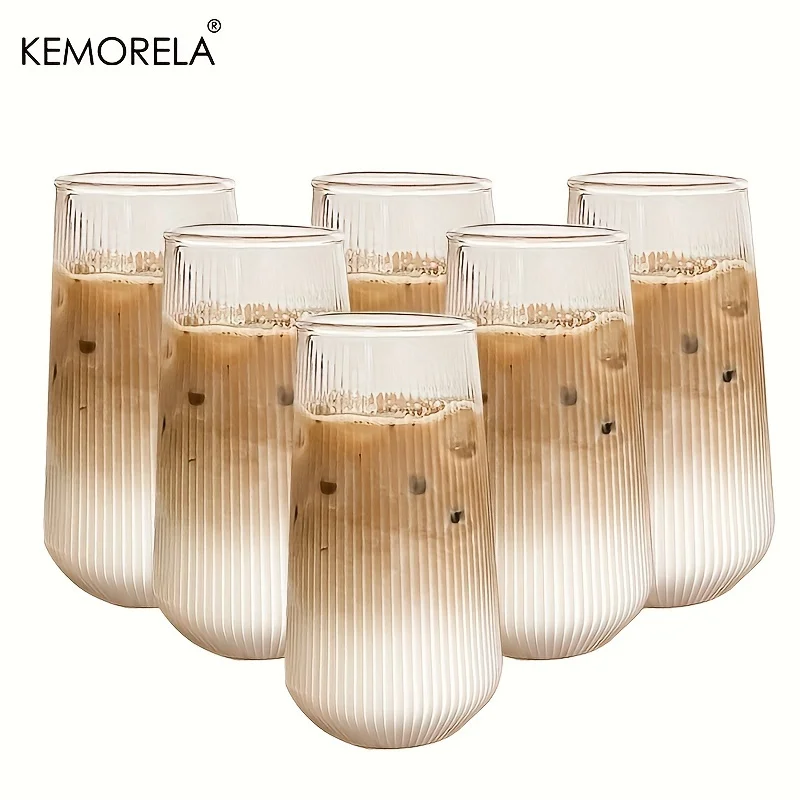 KEMORELA 4/6 Stück vertikal gestreifte Glas-Wasserbecher aus hitzebeständigem Glas, Milchsaftbecher, Eiskaffee, Sommer- und Wintertrinkgeschirr Image