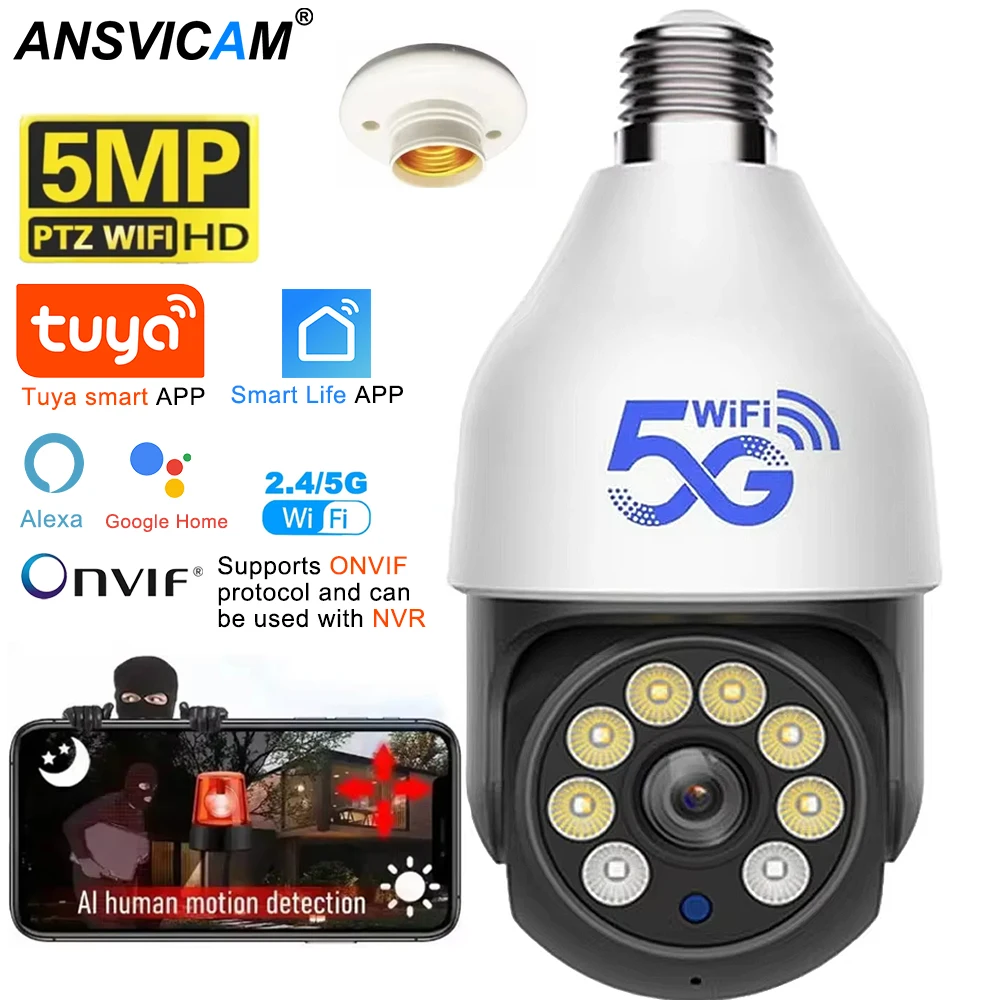5MP 5G WIFI Glühbirne Kamera TUYA Smart Life PTZ Outdoor Cam funktioniert mit Alexa Google Home Nachtsicht Menschliche erkennung Wasserdicht Image