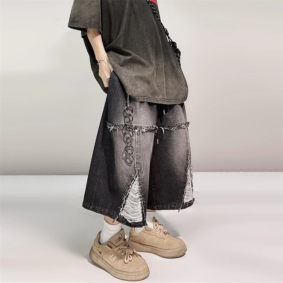 Vintage Denim Shorts Männer Sommer Ripped Loch Hip Hop Jeans Shorts Streetwear Harajuku Schwarz Elastische Taille Knielangen Hosen