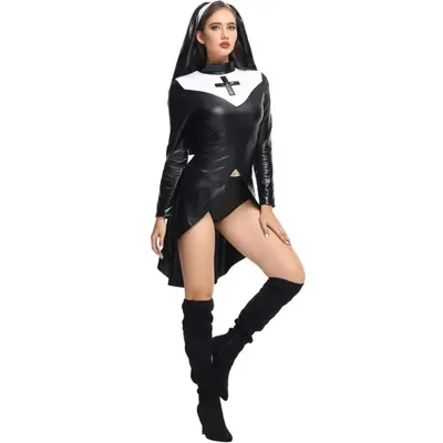 Beste machte PU Sexy Nonnen Kostüme Damen Heavenly Hottie Vinyl Kleid mit Kopfbedeckung Halloween Image