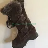 Dunkelbraune Wildlederfell-Schnürstiefel für Damen, Schuhe, klobiger Absatz, Pelz-Wadenstiefel, Vintage-Farbe, Cowboy-Punk, neu eingetroffen, Runway-Schuhe