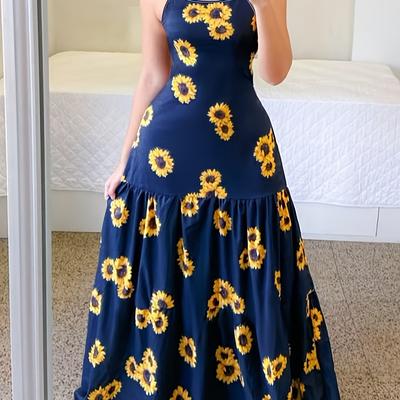 TEMU Elegant French-inspired Floral Maxi Dress For Women - Navy Blue With Vibrant Yellow Floral Pattern, Spring/summer Parties And Casual Image