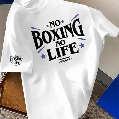 "TEMU Men's Casual Boxing Graphic T-shirt - "no Boxing " Teamwork Print, Black Short Sleeve Crewneck, Summer Fashion Essential, Polyester Blend, Machine Washable" Image