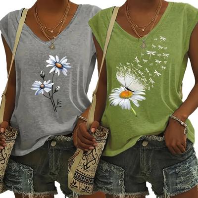 TEMU 2pcs Women's Floral V-neck T-shirts, Casual Short Sleeve Tops, Soft Polyester Blend, Grey & Green With Daisy Print, Lightweight And Breathable For Casual Attire, Ladies T Shirts Image
