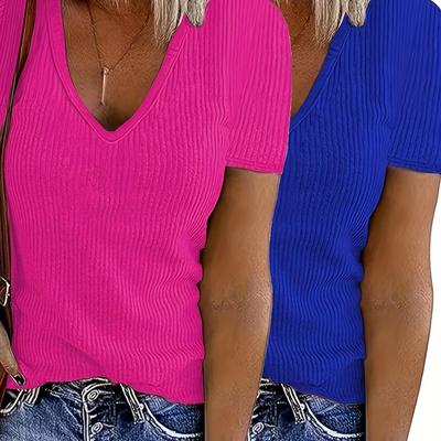 TEMU 2pcs Women's Casual V-neck Short Sleeve T-shirt Polyester Blend, Solid Color, Pullovers , No Padding, Knit Fabric, 250g/m², Regular Fit, T-shirt Tops For Women Image