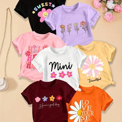 TEMU Spring Festival - Girls' Cute Floral Print Cartoon Short Sleeve T-shirt Set Of 7 Casual Tops For Summer Image
