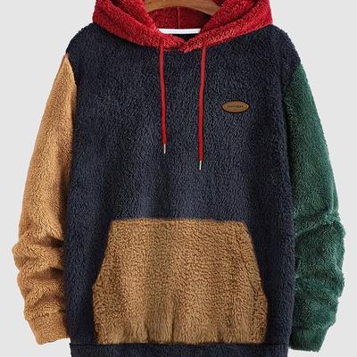 TEMU Men's Multicolor Plush Hoodie With Contrast Embroidery, Warm For Autumn/winter, Long Sleeve, Machine Washable Image