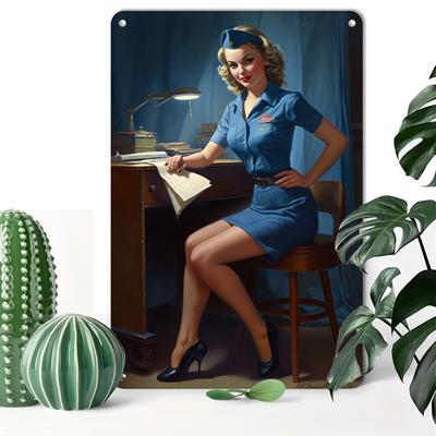 TEMU 1pc Retro Vintage Aluminum Tin Sign - Reusable Wall Art Decor Plaque For Room, Bar, Cafe, Garage - Classic Women In Uniform Design - Weather Resistant, Pre-drilled - 14+ Age Group - 8x12 Inch Image