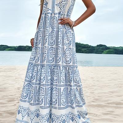 TEMU Women's Bohemian Floral Print Sleeveless Maxi Dress - Lightweight Summer Beach Vacation Dress With Thin Straps, Machine Washable & Breathable Fabric For Casual , Seaside Strolls & Resort Wear Image