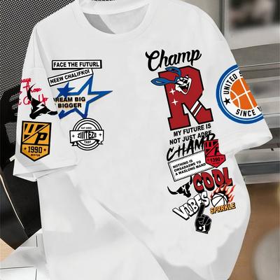 "TEMU Boys' Casual Minimalist Cartoon Letter Print Loose- Neck T-shirt - Summer Collection, Polyester Blend, Machine Washable, Graphic Design With "" & Basketball Theme" Image
