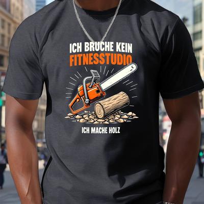 TEMU Men' Motivational Chainsaw Log German Text Print T-shirt - Casual Short Sleeve Summer Tee With Cartoon Woodcutting Design, 100% Breathable Fabric, Machine Washable Image