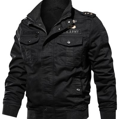 TEMU Men's Military Style Beige Jacket With Zipper Closure, Collar, And Multiple Pockets - Casual Windbreaker For Spring And Autumn Image