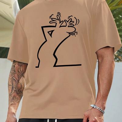 TEMU Summer Japanese Print Large Size Men's Short Sleeve Men' Top - Geometric Pattern, Round Neck, Polyester , Suitable For Adults, , Summer, Plus Size Image