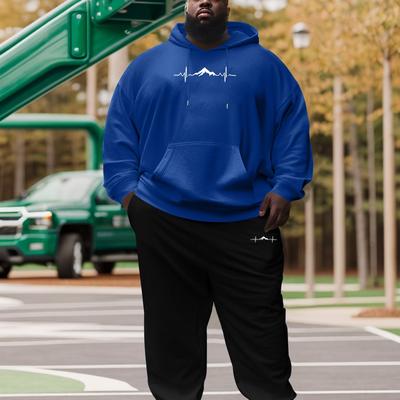 TEMU 1pc Plus Size Men's Casual Sportswear Set, Polyester Knit Fabric, Hooded Sweatshirt With Pockets & Matching Joggers, Geometric Pattern, Stretch, Regular Fit, For Fall/winter Image