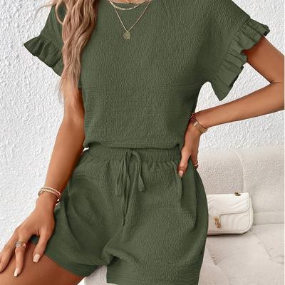 TEMU Women Texture Ruffle Trim Decorated Short-sleeved Top And Shorts Summer Casual Two-piece Set Image