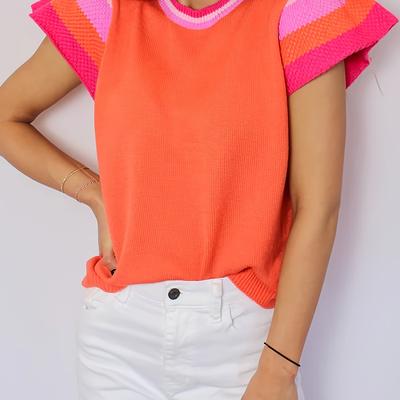 TEMU Women's Elegant Striped Sweater - Color-block Round Neck Pullover With Pink & Orange Contrast Sleeves, Summer Fall Top For Casual & Formal Wear, Cute Sweaters Image