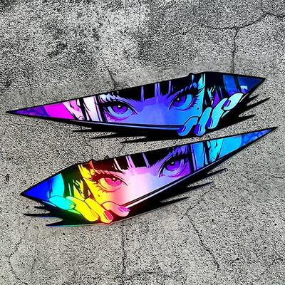TEMU 1 Pair Of Cool Jdm Style Anime Pretty Girl Eye Laser Stickers Motorcycle Car Scratches Cover Car Stickers For Triangle Window Windshield Bumper Side Glass Surface Waterproof Durable Decal Image