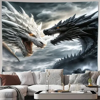 Fantasy-Drachen-Wandteppich, Wandkunst, weißer und schwarzer Drache, Kopfabdruck, abstrakte Malerei Image