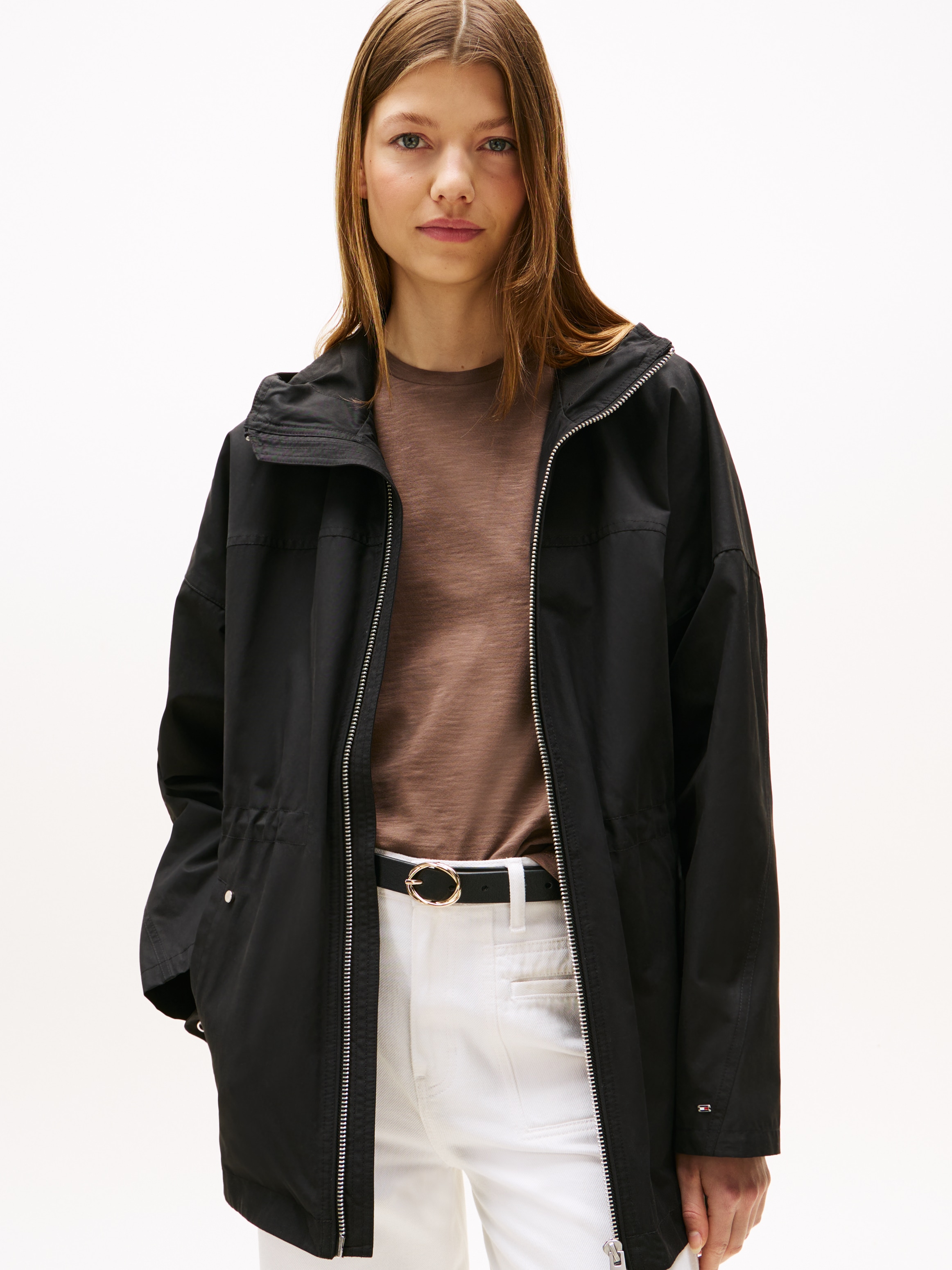 Windbreaker TOMMY HILFIGER "COTTON NYLON REG PARKA", Damen, Gr. S (36), schwarz, Web, Obermaterial: 64% Baumwolle, 36% Polyamid, unifarben, regular fit, Jacken Windbreaker