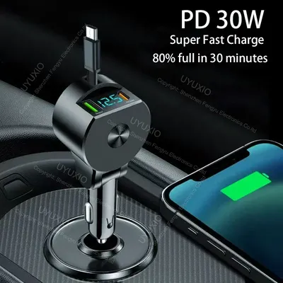 UYUXIO Multi-Port-USB-C-Autoladegerät mit einziehbarem Kabel, 65 W, superschneller Ladeadapter mit Spannungsanzeige für iPhone 16 15 Image