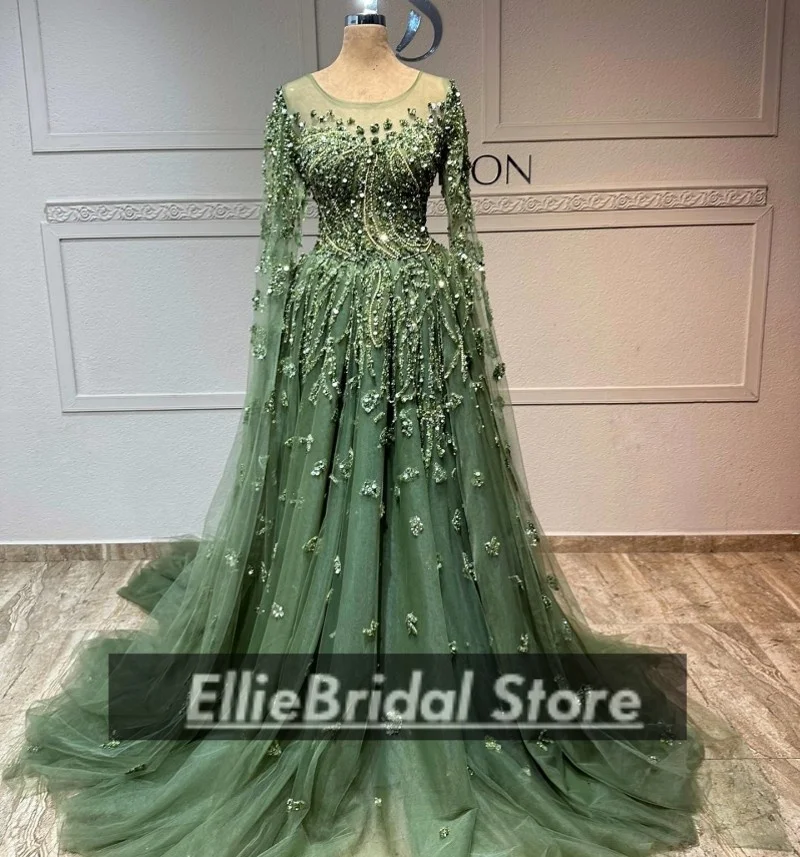 Luxus Grau Grün Abendkleider Sparkle Pailletten Perlen Lange A-Linie Hochzeit Party Kleid Elegante Crew Abendkleid Weibliche Angepasst