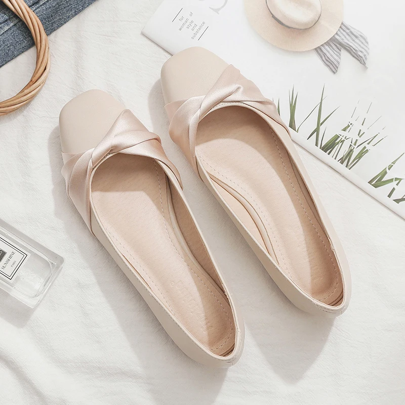 Flache Schuhe für Damen, quadratischer Kopf, Pu-Leder, 2025, Frühling und Sommer, neue lässige Slipper für Damen, Aprikose, einfarbig, Größe 31–45