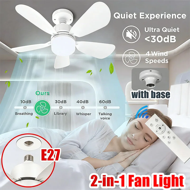 E27-Schrauben-Deckenventilatorleuchte mit Fernbedienung, 85 V–265 V, dimmbar, 3-farbige Lichter, stumm, für Wohnzimmer, Zuhause, Badezimmer, Dekoration