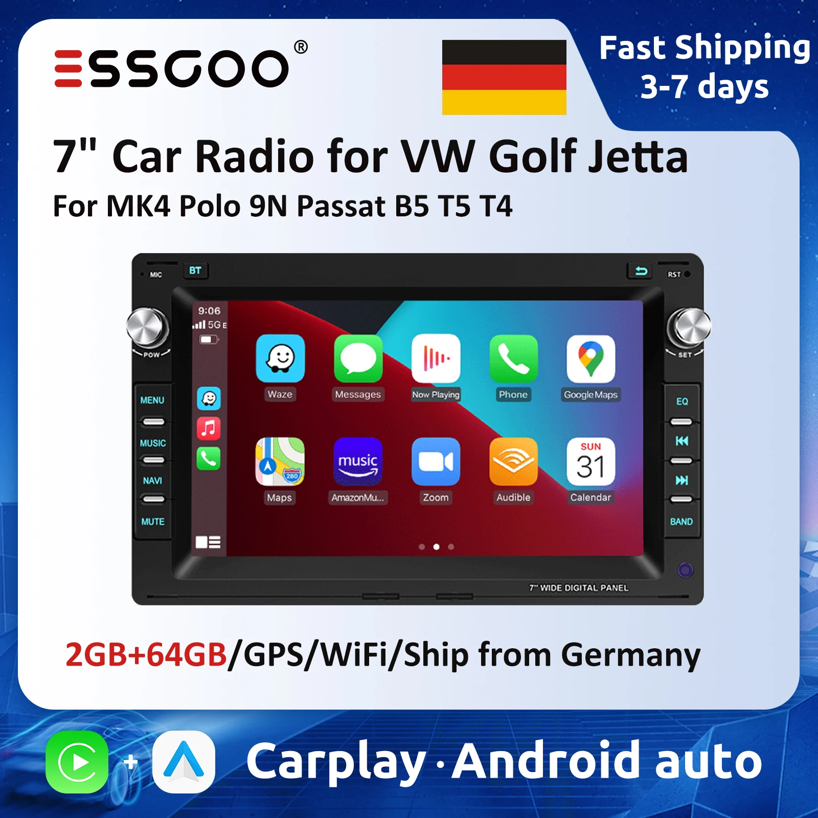 7 "Android Auto Radio für VW Golf Jetta MK4 Polo 9N Passat B5 T5 T4 Volkswagen Multimedia Player 2GB 64GB Carplay Android auto Image
