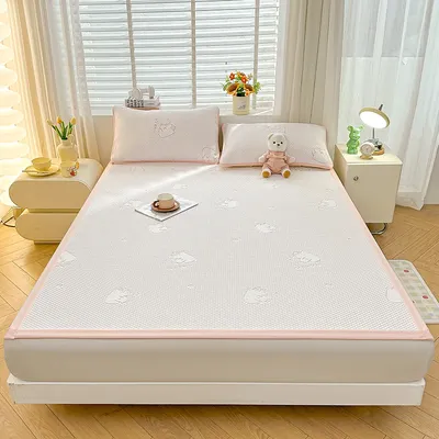 Summer Cooling Mattress Set Includes 1/2 Pillowcases, Polyester, Breathable & Soft, Pink border stripes, Ideal for Hot Nights