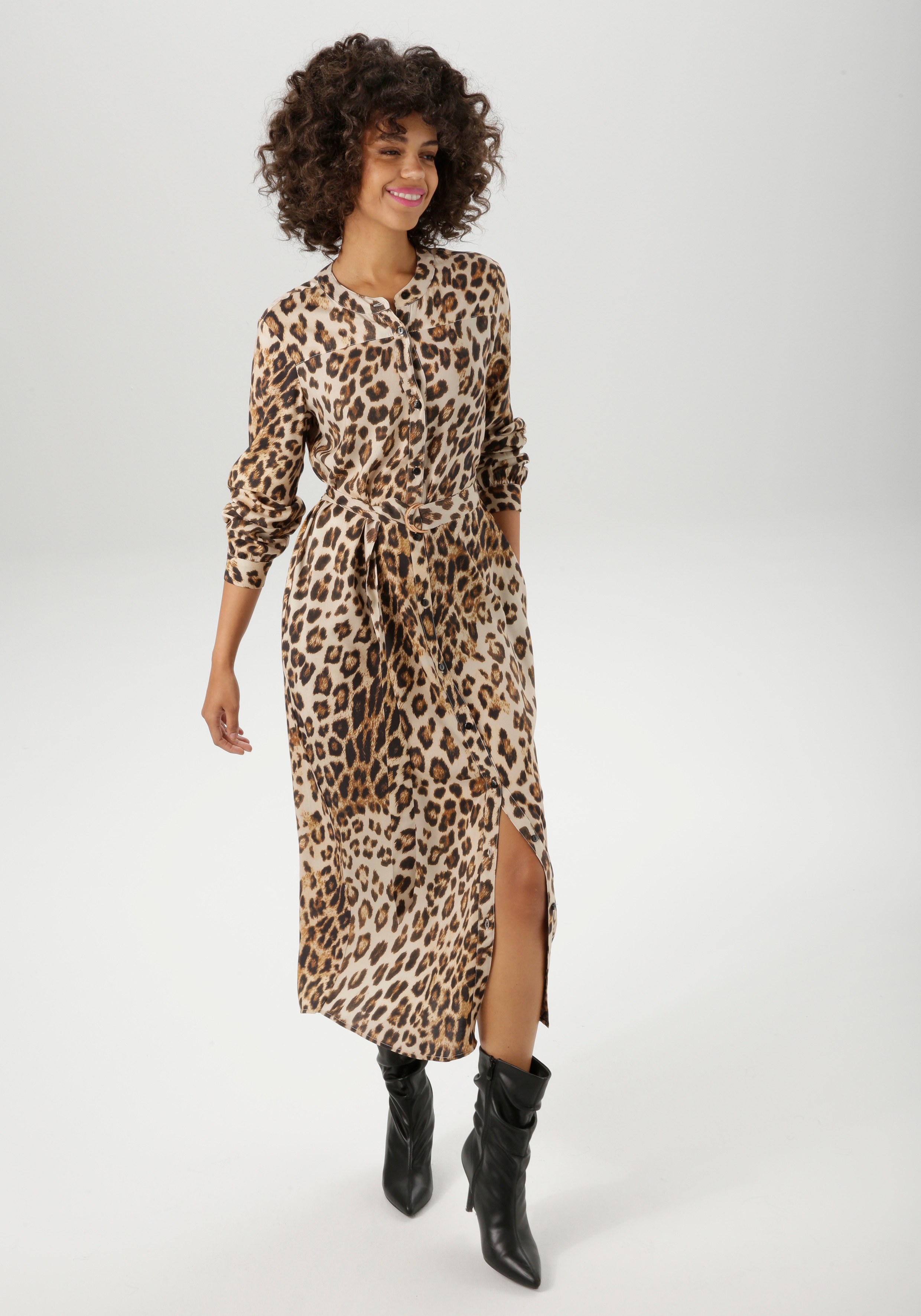 Blusenkleid ANISTON CASUAL, Damen, Gr. 34, N-Gr, sand, beige, hellbraun, braun, kunkelbraun, schwarz, Web, Obermaterial: 100% Viskose, animal-print, bedruckt, figurumspielend wadenlang, Rundhals, 1-Knopf-Manschette, Kleider Blusenkleid, mit...