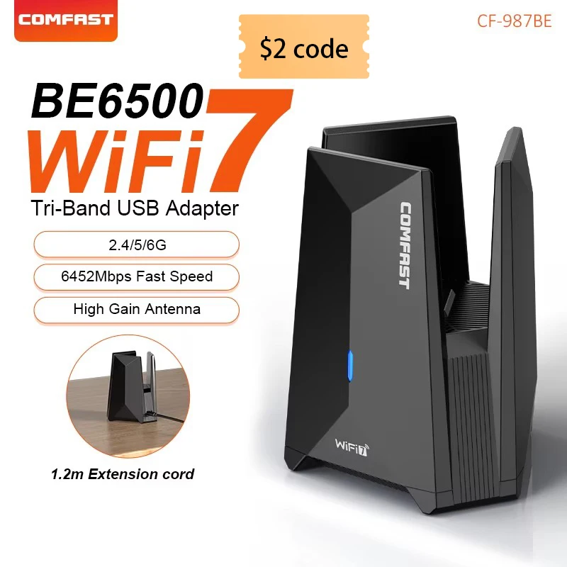 COMFAST USB WiFi 7 Wi-Fi-Adapter 6452 Mbit/s Netzwerkkarte USB3.0 Tri-Band-WLAN-Dongle 2,4 G/5,8 G/6 G treiberfrei für PC Win10/11 Image