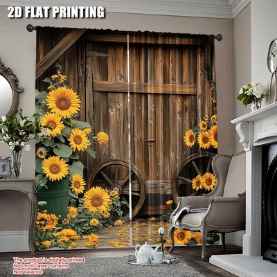 2PCs Vintage Sunflower Pattern Curtains Wooden House Wooden Wheel Pattern Suitable For Living Room