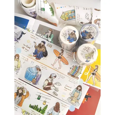 Wendy Studio Vintage Relaxing Plan Girl Washi PET Tape for Planner Card Making DIY Scrapbooking Plan Decorative Sticker