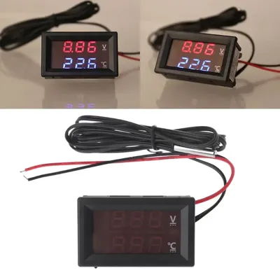 2-in-1 Car Thermometer Voltmeter Square LED Display Digital Voltage Gauge Meter for Most 12-24V for Cars