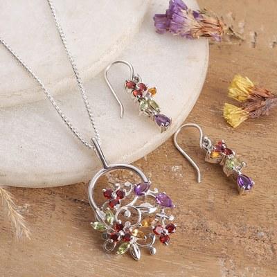 'Floral Multi-Gemstone Silver Necklace Earrings Jewelry Set'