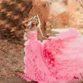 Affascinanti abiti in tulle rosa Puffy a strati Servizio fotografico per le vacanze Abiti lunghi da