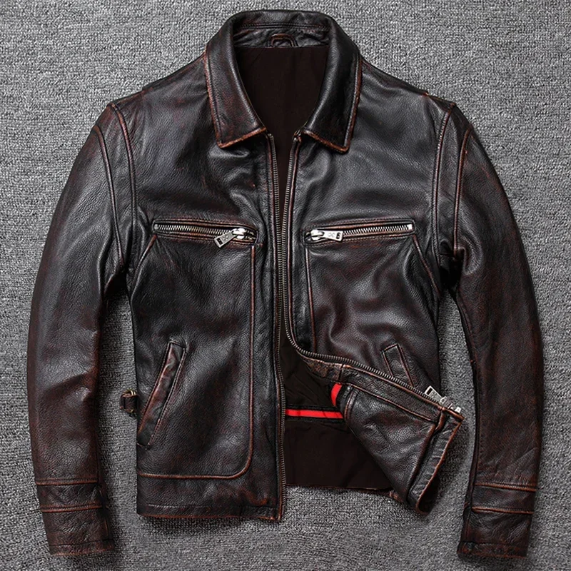Cappotto classico in pelle bovina da uomo giacca in vera pelle da uomo naturale stile Vintage abbigliamento in vera pelle abbigliamento uomo abbigliamento in pelle di vitello