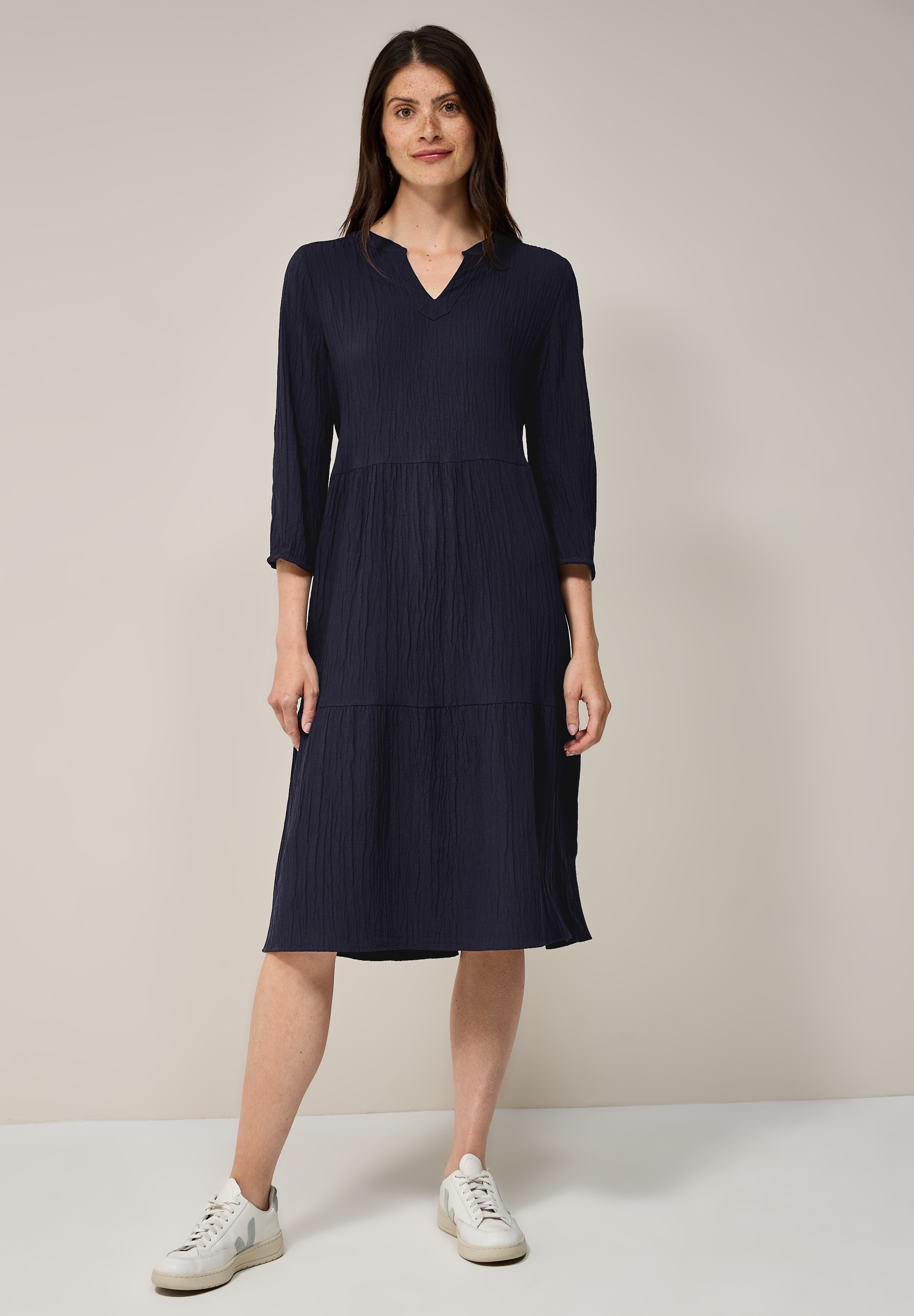 Midikleid CECIL, Damen, Gr. XXL46, US-Größen, blau (universal blau), Stoff, 56% Viskose, 43% Polyester, 1% Elasthan, unifarben, normal knielang, Rundhals, Bündchen, Kleider Midikleid, knielang