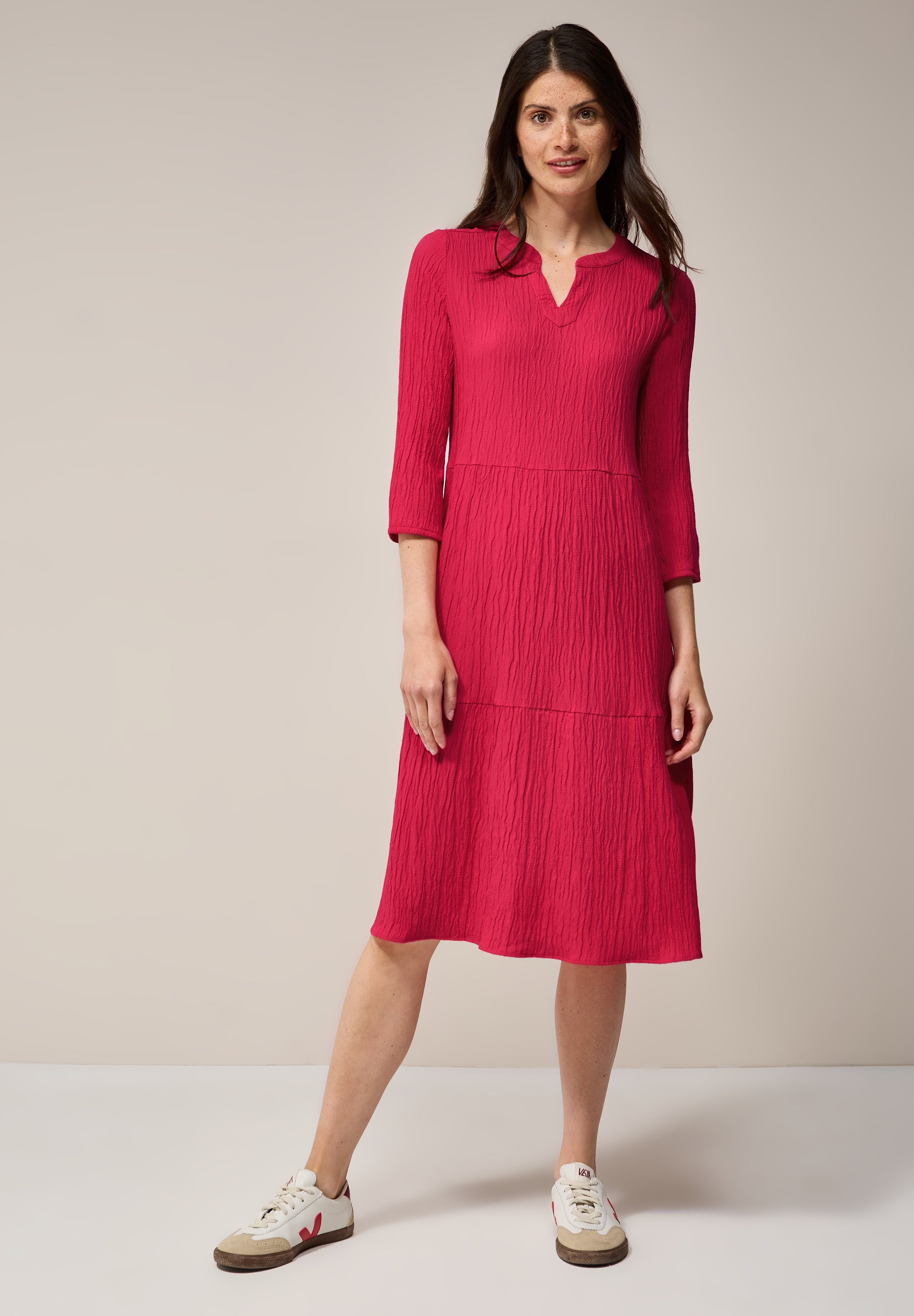 Midikleid CECIL, Damen, Gr. XL44, US-Größen, rot (glazed apple rot), Stoff, 56% Viskose, 43% Polyester, 1% Elasthan, unifarben, normal knielang, Rundhals, Bündchen, Kleider Midikleid, knielang