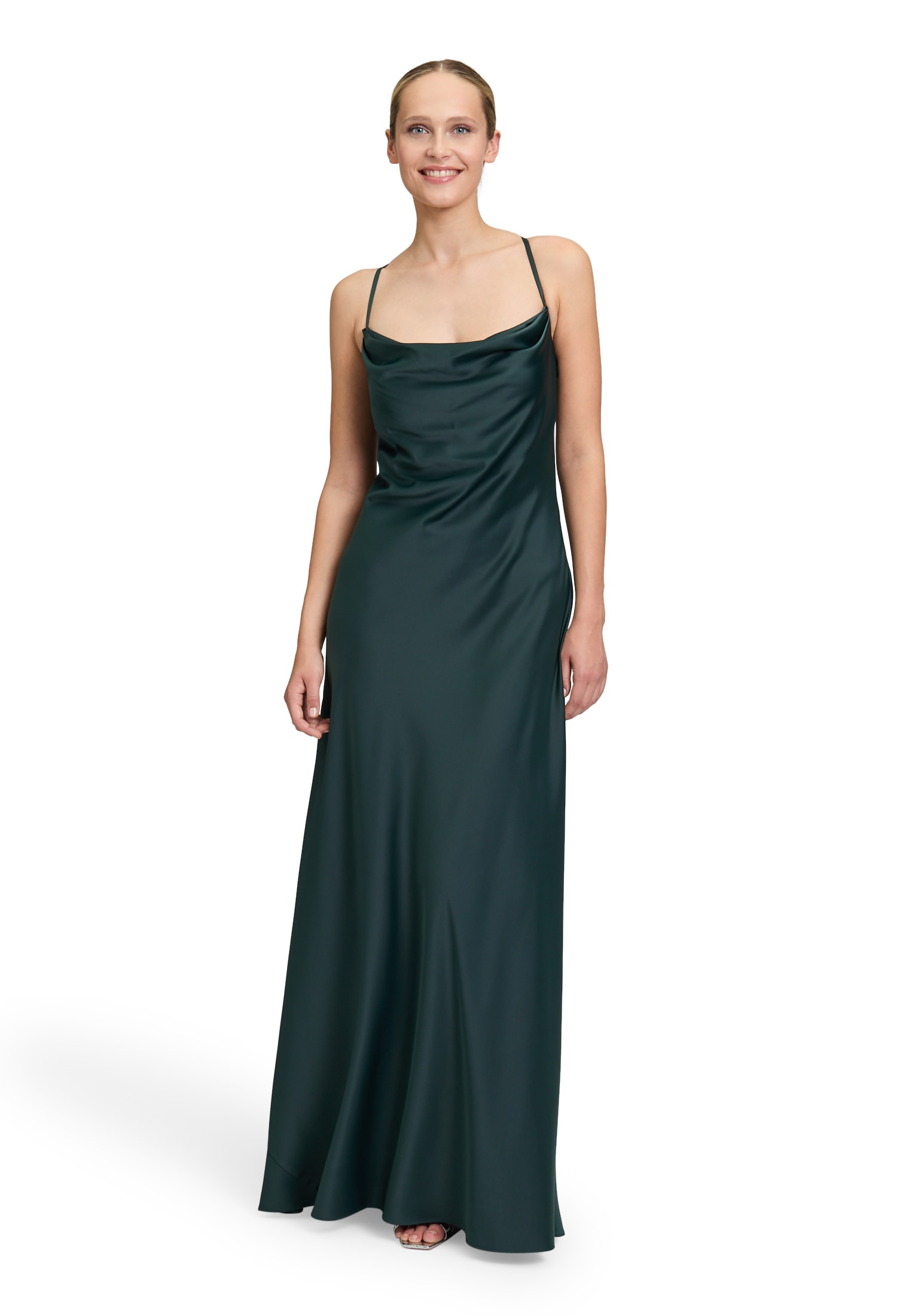 Abendkleid VERA MONT "Damen mit Wasserfallausschnitt", Damen, Gr. 38, Normalgrößen, grün (dusty slate), Obermaterial: 97% Polyester, 3% Elasthan; Futter: 100% Polyester, figurumspielend lang, Wasserfallausschnitt, Kleider Abendkleid