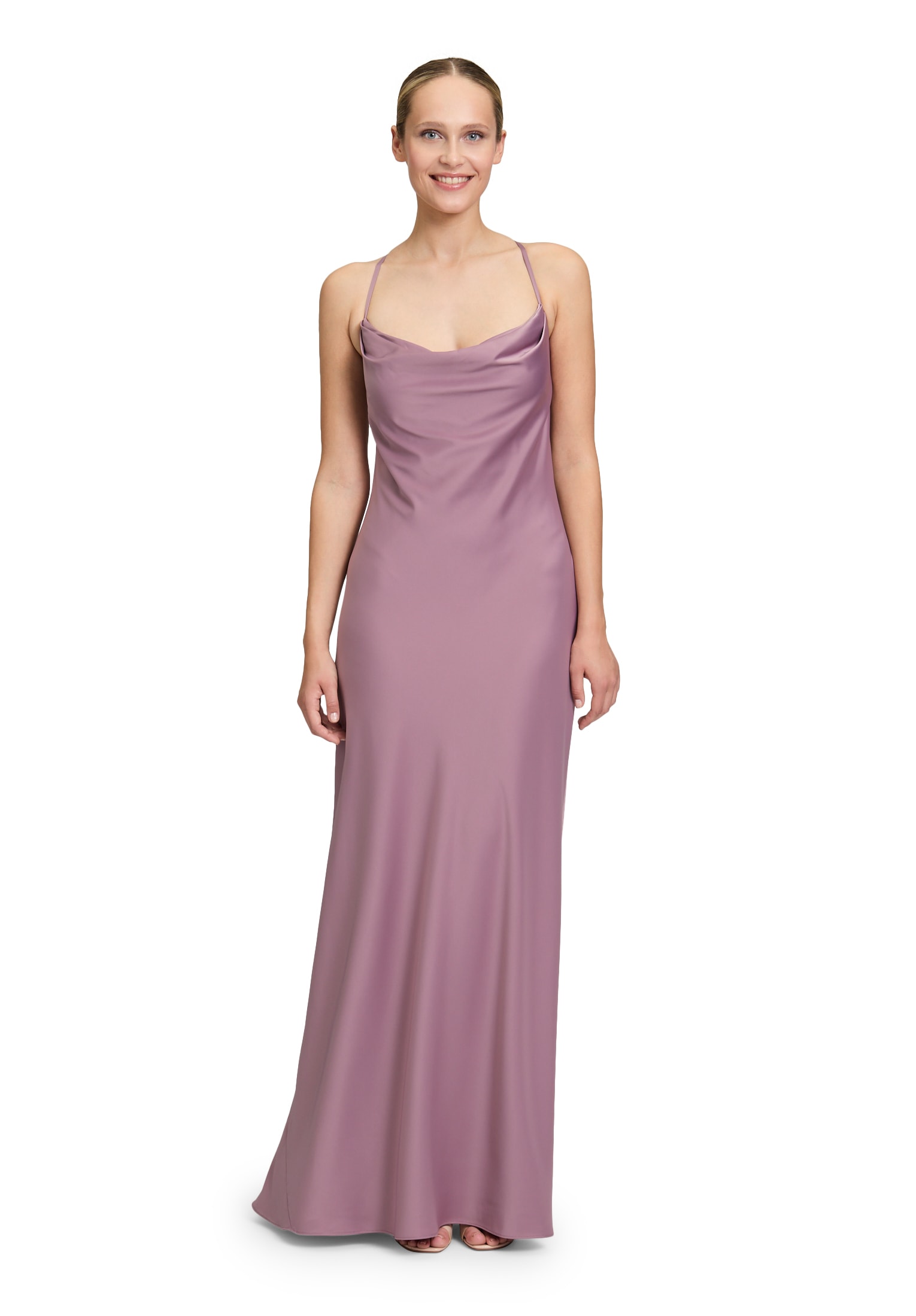 Abendkleid VERA MONT "Damen mit Wasserfallausschnitt", Damen, Gr. 34, Normalgrößen, lila (powder lila), Obermaterial: 97% Polyester, 3% Elasthan; Futter: 100% Polyester, figurumspielend lang, Wasserfallausschnitt, Kleider Abendkleid