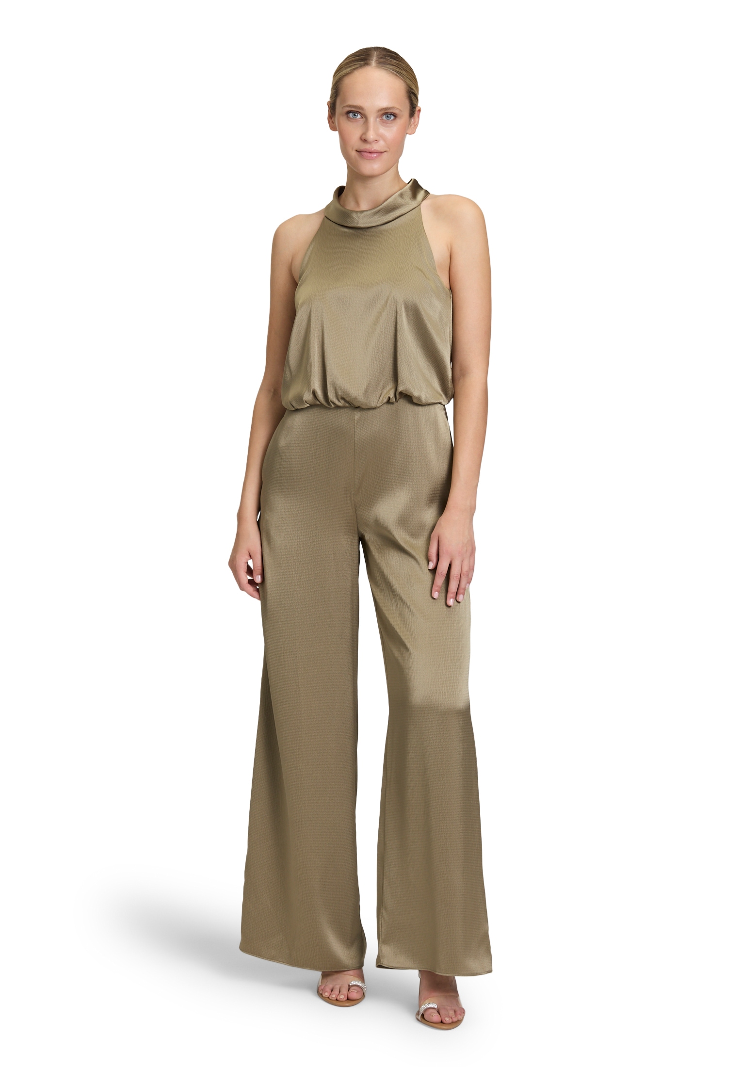 Overall VERA MONT "Damen Jumpsuit mit Taschen", Damen, Gr. 46, blau (turf), Satin, Obermaterial: 98% Polyester, 2% Elasthan. Futter: 100% Polyester., festlich, figurumspielend, amerikanischer Ausschnitt, Overalls, Material Image