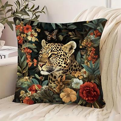 "TEMU 1pc Vibrant Leopard & Floral 18x18" Pillow Cover - , Zippered, Hand-washable Polyester - Adds A To Any Room Decor (no Insert), Decorative Pillows" Image