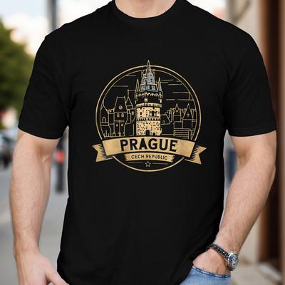 TEMU 1pc Prague Historic Tower Emblem Print T-shirt For Men, Casual Polyester Short Sleeve Tee, Regular Fit Summer Top Image
