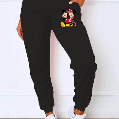 "TEMU Women's Licensed " & Sweet Companion" Jogger Pants - Black With Red , Elastic Waist, Slant Pockets, Casual Athletic Sweatpants For Fall/winter, Sweatpants | Cartoon Print Pants | Pant" Image